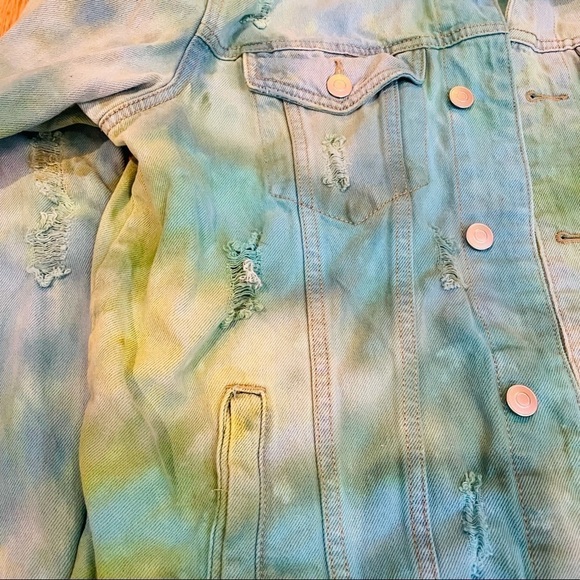 Festival tie dyed jean jacket M distressed ripped blue green ocean water - Picture 6 of 15